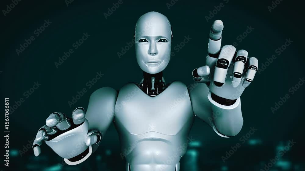 Poster internet connection controlled by ai robot huminoid and machine learning process to analyze data con