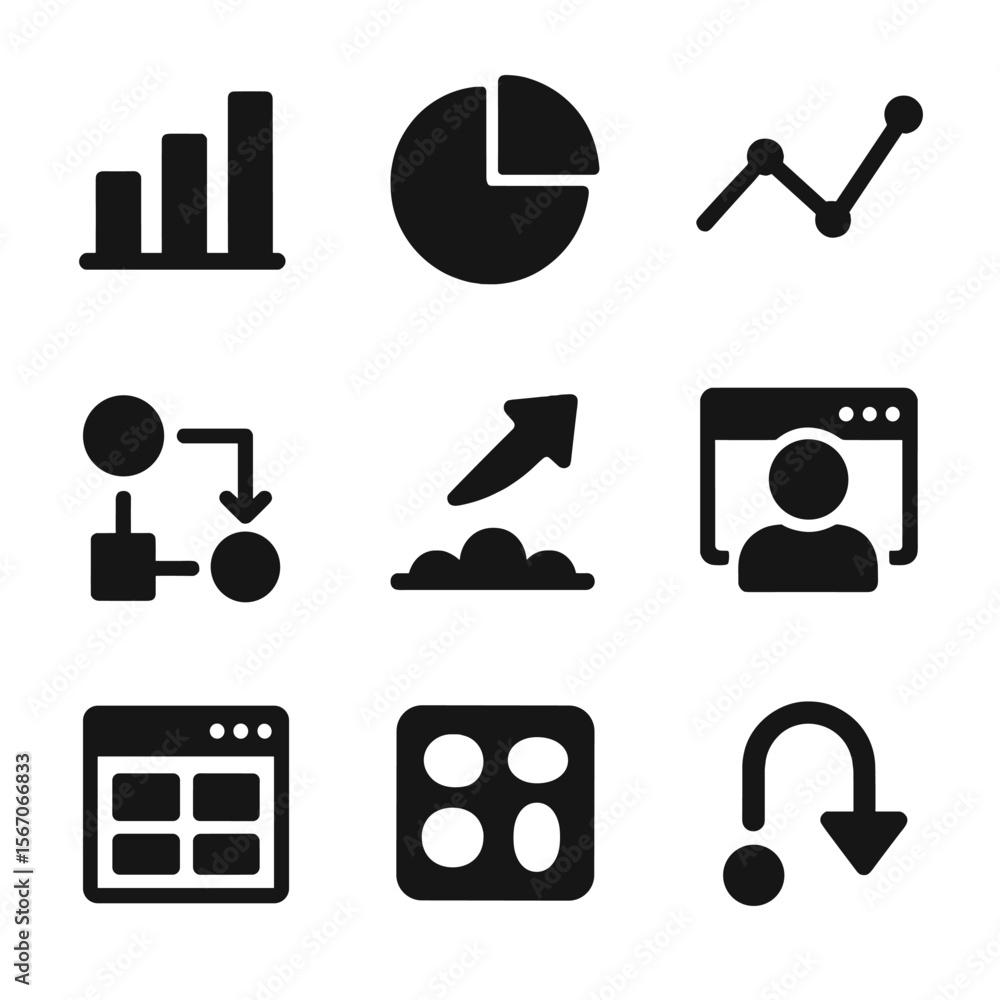 Aufkleber blog analytics icons. solid, filled icon set of blog analytics and performance: bar chart, pie chart
