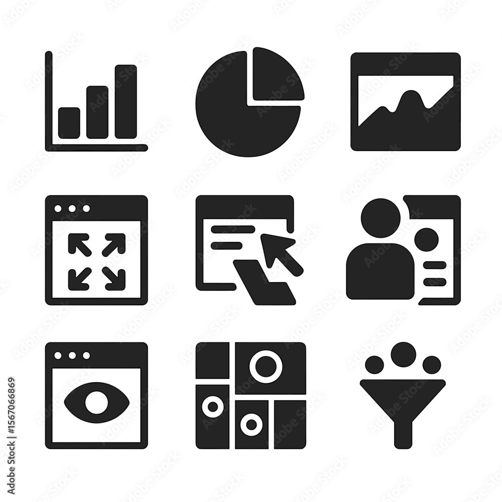 Aufkleber blog analytics icons. solid, filled icon set of blog analytics and performance: bar chart, pie chart