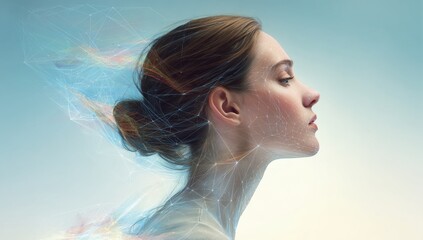 A modern dermatology clinic concept is depicted through a young woman's face with a digital skin analysis overlay, showcasing the integration of futuristic technology for precision diagnostic