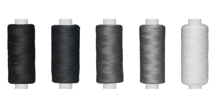 A colorful thread mesh in black, grey and white shines on a white background. Ideal for crafting, sewing, or design projects.