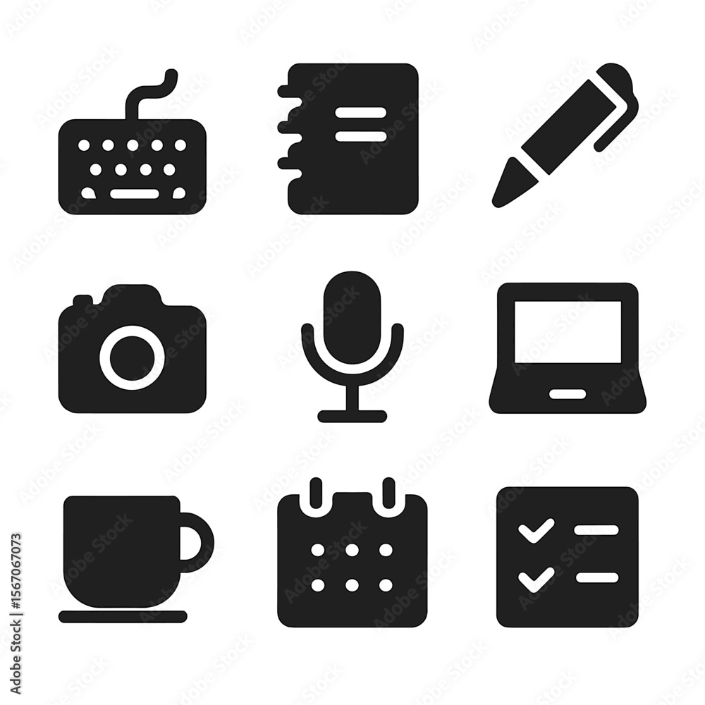 Poster blog creation icons. solid, filled icon set of blog post creation: keyboard, notebook, pen, camera, 