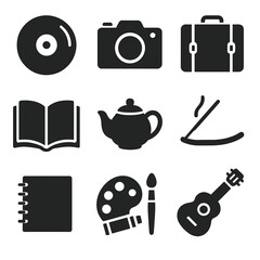 Bohemian Icon Grid. Solid, filled icon set of Bohemian lifestyle elements: vinyl record, vintage camera, travel suitcase, open