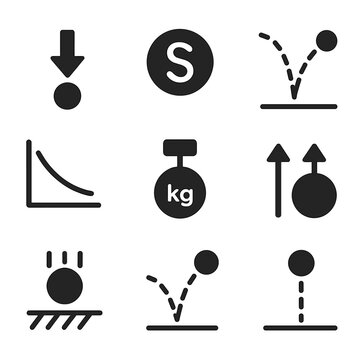 Bouncing Ball Physics Icons. Solid, filled icon set of bouncing ball physics: gravity icon, elasticity symbol, rebound angle,
