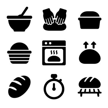 Bread Making Icons. Solid, filled icon set of bread making process: mixing bowl, kneading hands, resting dough, proofing basket,