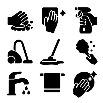 Cleaning Icons Grid. Solid, filled icon set of cleaning process actions: scrubbing, wiping, spraying, vacuuming, mopping, dusting,