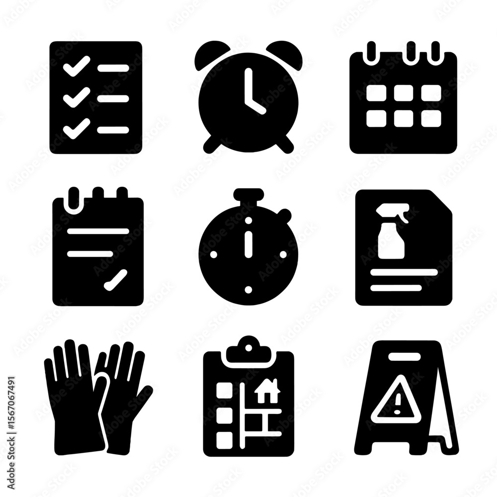 Poster cleaning icons grid. solid, filled icon set of cleaning reminders and tips: checklist, alarm clock, 