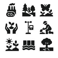 Climate Action Icons. Solid, filled icon set of climate resilience actions: carbon capture, green buffer zone, resilient habitat,