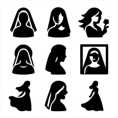 Bridal Icon Grid. Solid, filled icon set of bridal portraits: bride with veil, face silhouette, soft gaze, wind in hair, flower in