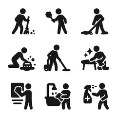Cleaning Action Icons. Solid, filled icon set of cleaning actions: sweeping, dusting, mopping, scrubbing, vacuuming, polishing,