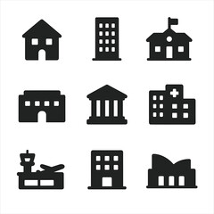 Building Typology Icons. Solid, filled icon set of building typology models: residential unit, office tower, school campus,