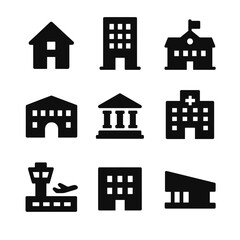 Building Typology Icons. Solid, filled icon set of building typology models: residential unit, office tower, school campus,