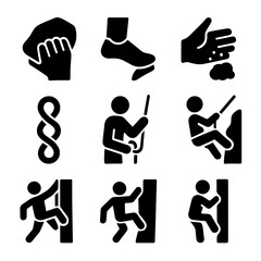 Climbing Techniques Icons. Solid, filled icon set of climbing techniques: hand grip, foot hook, chalk application, rope knot,