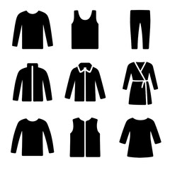 Comfort Clothing Icons. Solid, filled icon set of comfort layering basics: long sleeve tee, undershirt, thermal leggings, fleece