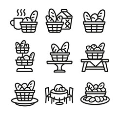 Bread Basket Icons. Solid, filled icon set of bread basket occasions: breakfast, picnic, brunch, holiday feast, bakery display,