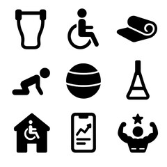 Adaptive Fitness Icons. Solid, filled icons set of adaptive fitness and exercise routines: resistance band,