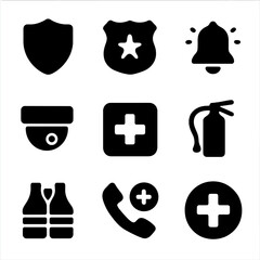 Community Safety Icons. Solid, filled icon set of community safety and awareness: shield, police badge, alert bell, security