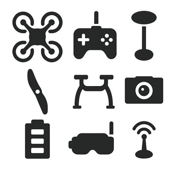 Drones Icon Set. Solid, filled icons set of drones and UAVs: quadcopter, drone controller, GPS antenna,