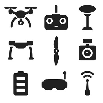 Drones Icon Set. Solid, filled icons set of drones and UAVs: quadcopter, drone controller, GPS antenna,