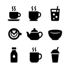Café Beverage Icons. Solid, filled icon set of café beverages: espresso cup, cappuccino mug, iced coffee glass, latte art, teapot,
