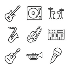 Obraz premium Music Icons Grid. Outline icon set of music genres and performances: electric guitar, turntable vinyl, drum kit, saxophone, violin