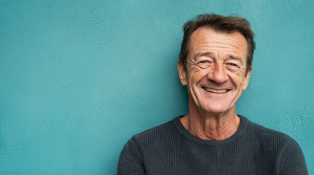 Smiling middle-aged man in casual wear, radiating warmth and approachability
