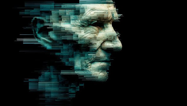 The concept of time passing is illustrated through a 3D image of premature aging, comparing an old face to a young one with a digital transformation effect, highlighting anti-aging technology, skin