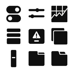Maximalist UI Icons Grid. Solid, filled icon set of maximalist digital UI elements: toggle switches, slider knobs, chart grid,