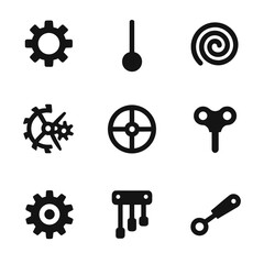 Mechanical Clock Parts. Solid, filled icon set of mechanical clock parts: gears, pendulum, mainspring, escapement, balance wheel,