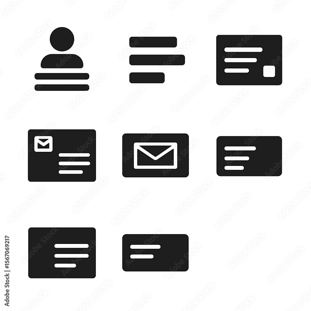 Poster address icon grid. solid, filled icon set of address formatting: recipient name line, street address