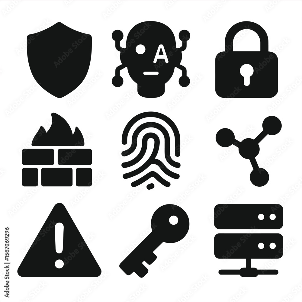 Poster ai cybersecurity icon grid. solid, filled icon set of ai-driven cybersecurity: shield, ai face, lock