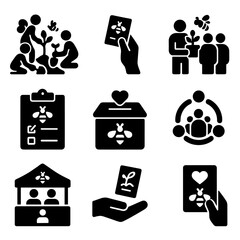 Community Bee Icon Set. Solid, filled icons set of community bee conservation events: group planting, flyer