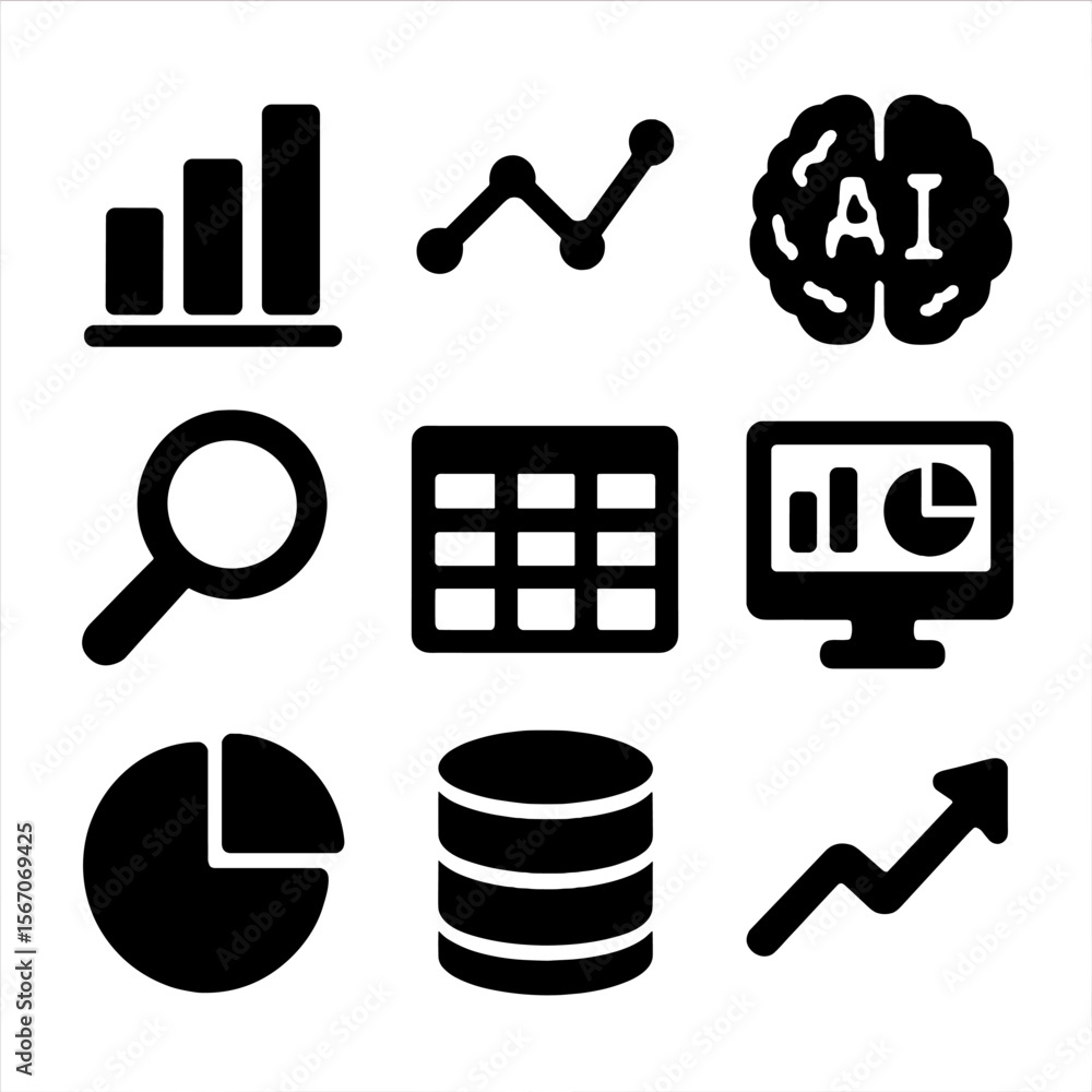 Aufkleber ai data icon set. solid, filled icon set of data analysis with ai tools: bar chart, line graph, ai b