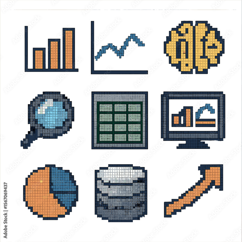Poster ai data icons grid. pixel art icon set of data analysis with ai tools: bar chart, line graph, ai bra
