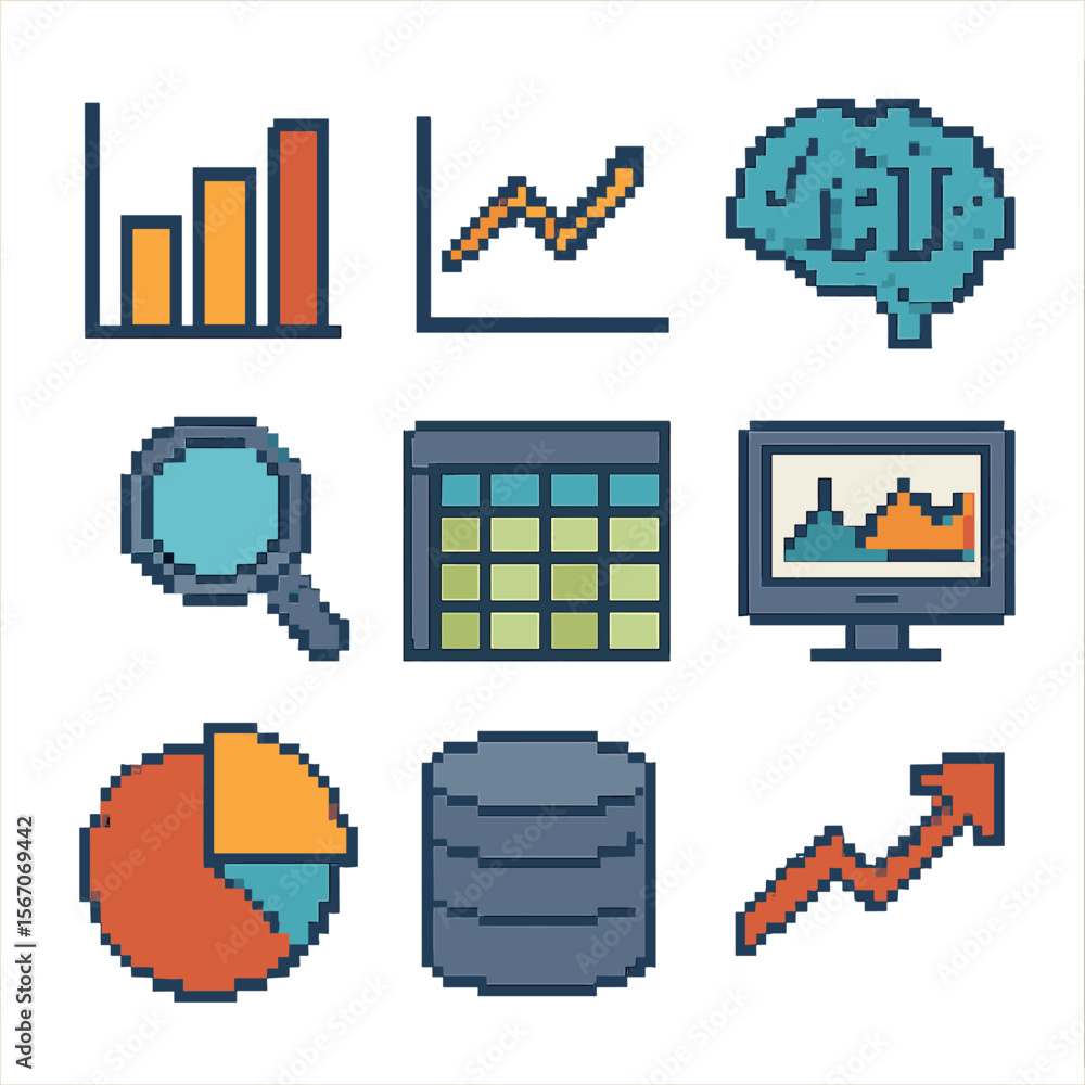 Aufkleber ai data icons grid. pixel art icon set of data analysis with ai tools: bar chart, line graph, ai bra
