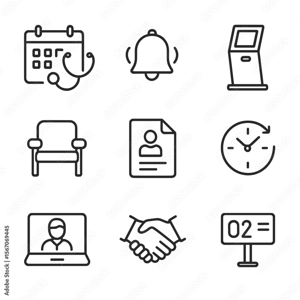 Aufkleber patient workflow icons. outline icon set of patient scheduling and workflow: calendar with stethosco