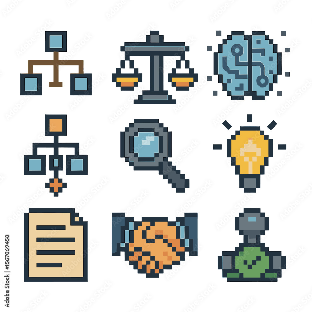 Aufkleber ai decision icons. pixel art icon set of ai-based decision support: decision tree, balance scale, ai