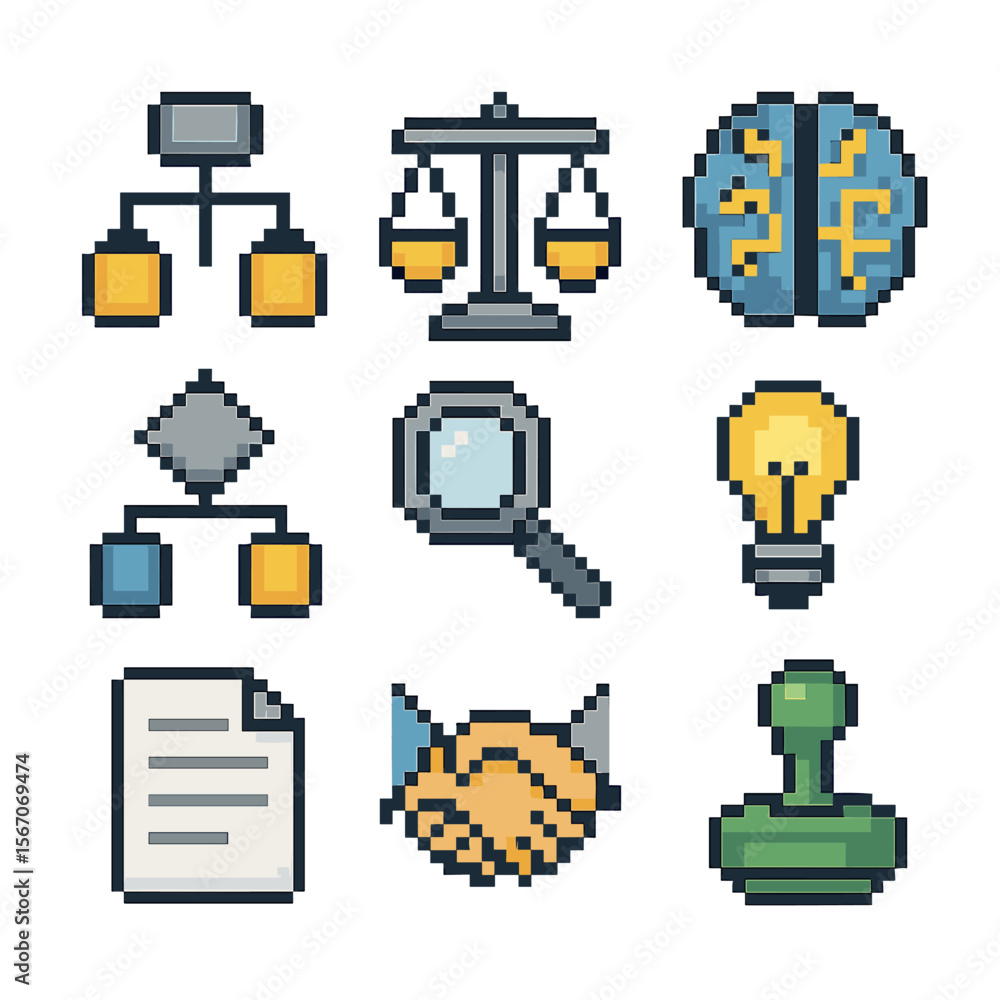 Poster ai decision icons. pixel art icon set of ai-based decision support: decision tree, balance scale, ai