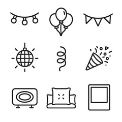 Party Decor Icons. Outline icon set of party decorations and atmosphere: string lights, balloon cluster, bunting banner, disco