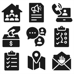 Grassroots Organizing Icons. Solid, filled icons set of grassroots organizing: house meeting icon, community