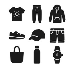 Casual Wear Icons. Solid, filled icon set of weekend casual wear: graphic tee, joggers, hoodie, sneakers, baseball cap, denim