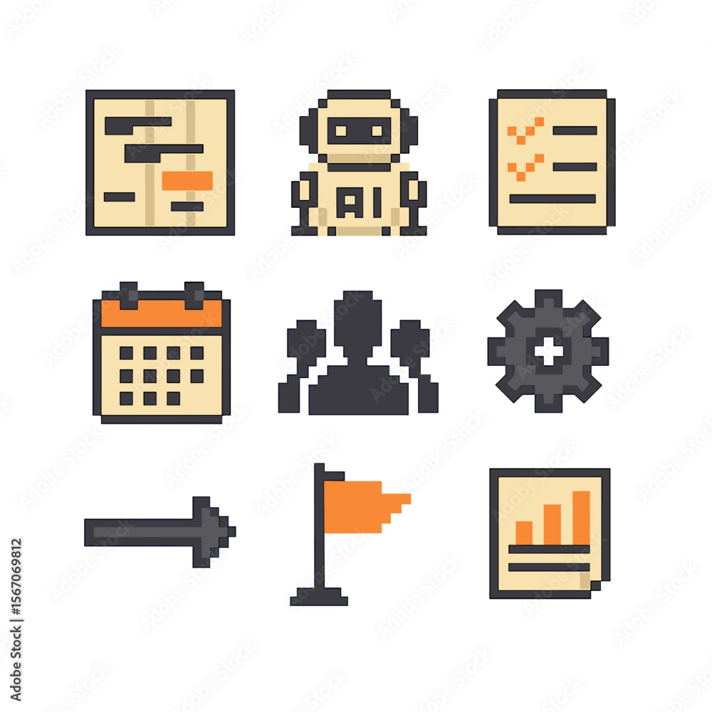 Aufkleber ai project management icons. pixel art icon set of project management with ai support: gantt chart, 