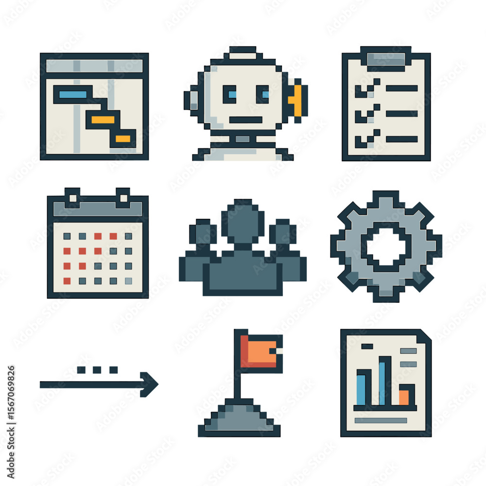 Aufkleber ai project management icons. pixel art icon set of project management with ai support: gantt chart, 