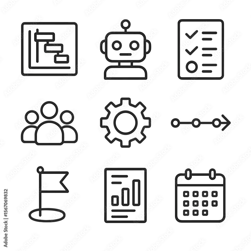 Poster ai project management icons. outline icon set of project management with ai support: gantt chart, ai