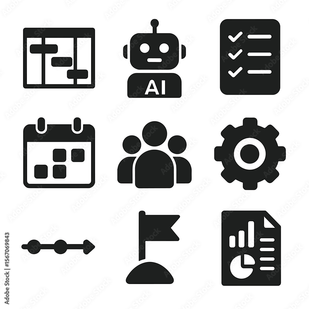 Poster ai project management icons. flat icon set of project management with ai support: gantt chart, ai ro