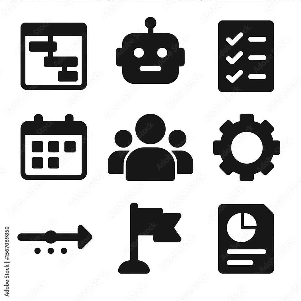 Poster ai project management icons. solid, filled icon set of project management with ai support: gantt cha