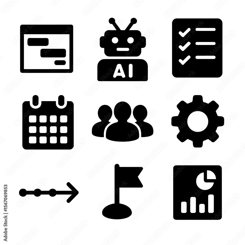 Poster ai project management icons. solid, filled icon set of project management with ai support: gantt cha