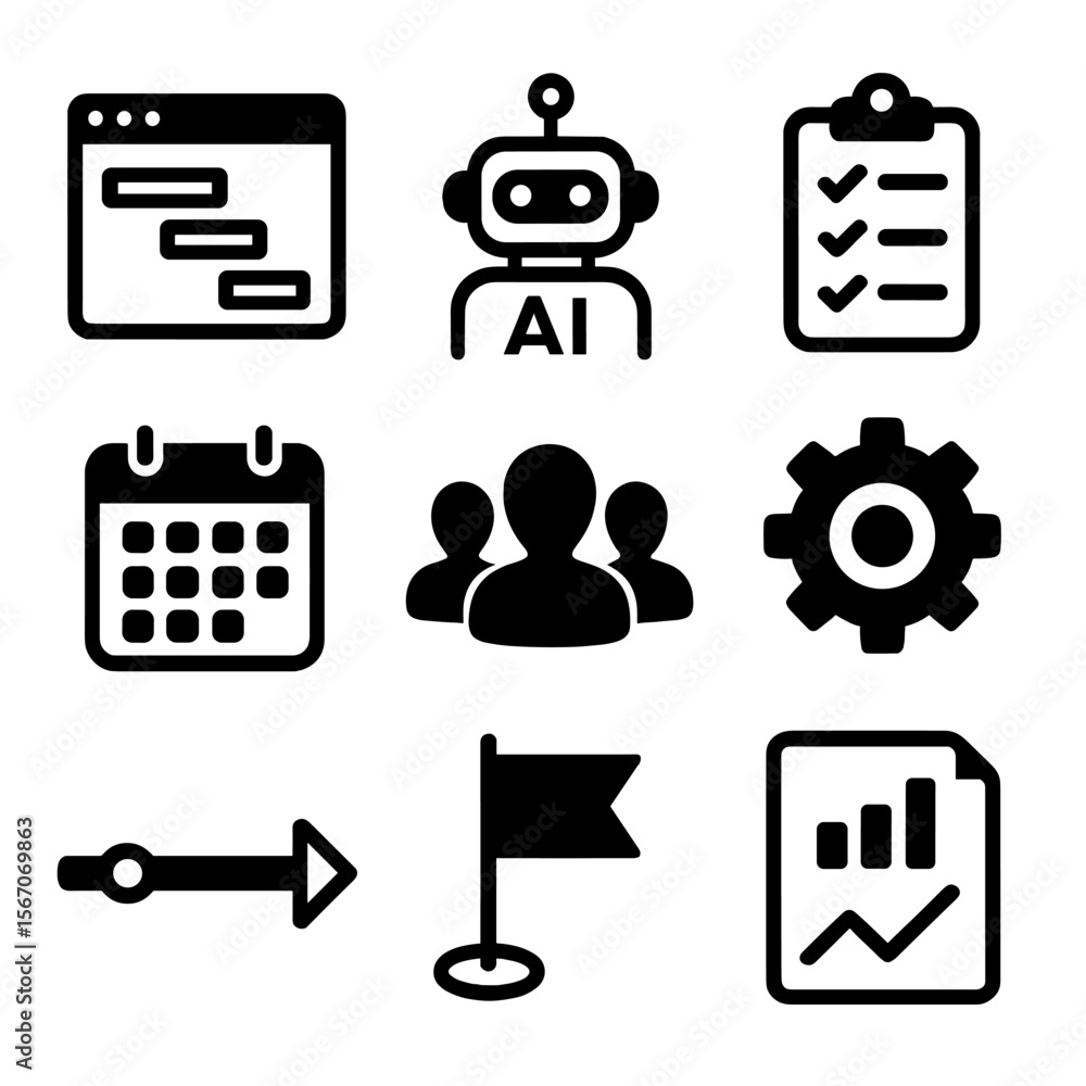Poster ai project management icons. flat icon set of project management with ai support: gantt chart, ai ro