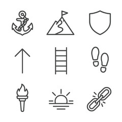 Perseverance Symbols Icons. Outline icon set of symbols of perseverance: anchor with rope, climbing path up mountain, shield,
