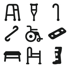 Obraz premium Mobility Aids Icons. Solid, filled icon set of mobility aids at home: walker, crutch, cane, grab bar, wheelchair, transfer board,